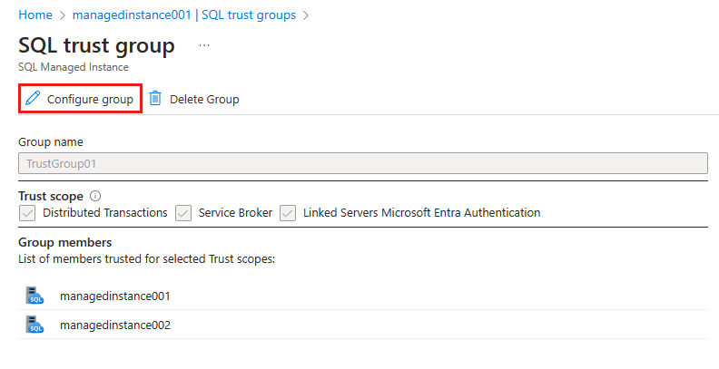 A captura de tela mostra um grupo de confiança do SQL com Configurar grupo realçado.