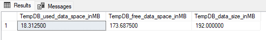 Captura de tela do resultado da consulta no SSMS mostrando o espaço usado e livre no arquivo de dados tempdb.