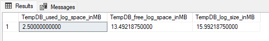 Captura de tela do resultado da consulta no SSMS mostrando o espaço usado e livre no arquivo de log tempdb.