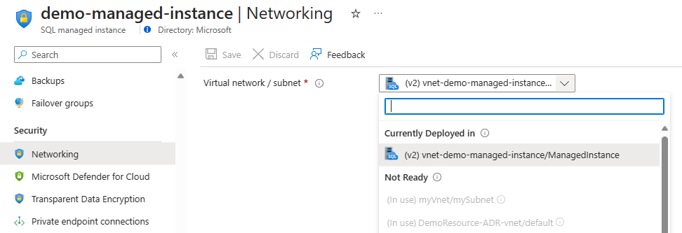 Captura de tela das opções de sub-rede da Instância Gerenciada de SQL do Azure.