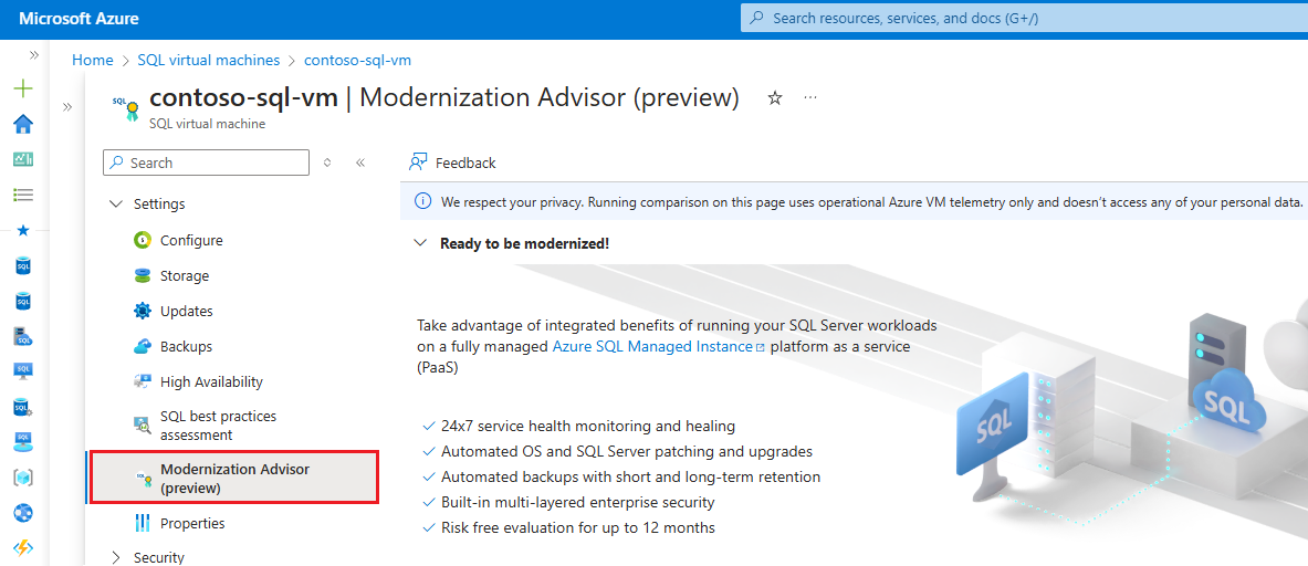 Screenshot do Orientador de Modernização no portal Azure.