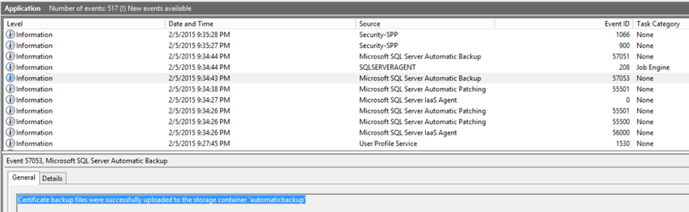 Captura de tela do backup bem-sucedido do certificado de criptografia em logs de eventos.