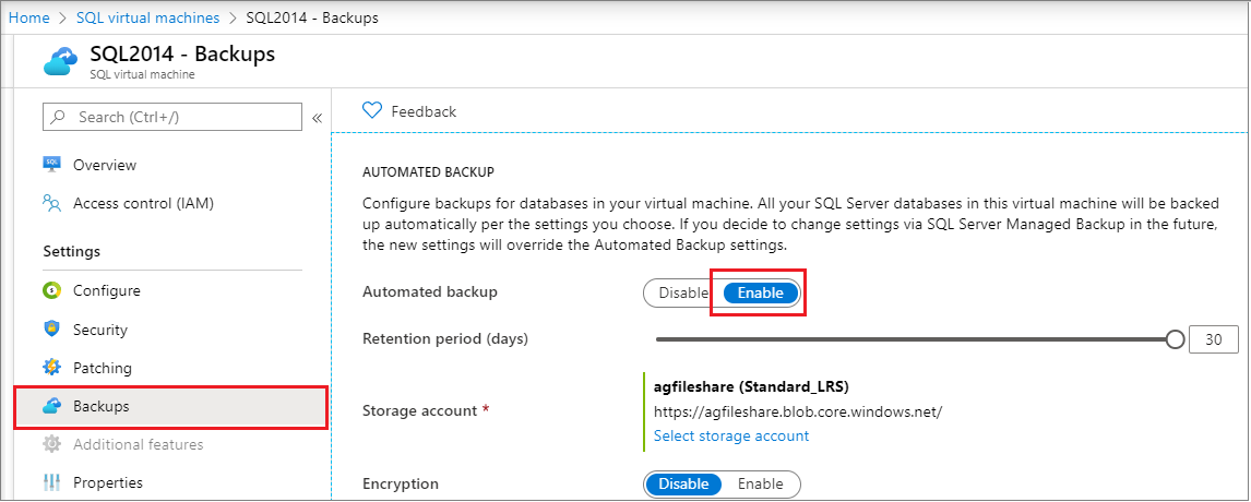 Captura de tela do backup Automatizado do SQL para VMs existentes.