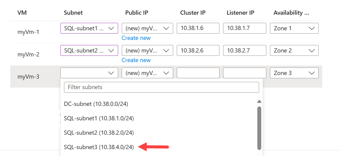 Captura de tela do portal do Azure mostrando a página para configurar sub-redes e endereços IP.