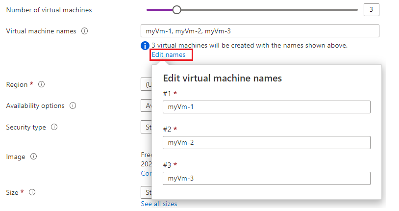 Captura de tela do portal do Azure mostrando um controle deslizante para selecionar o número de máquinas virtuais, além da opção para editar nomes.