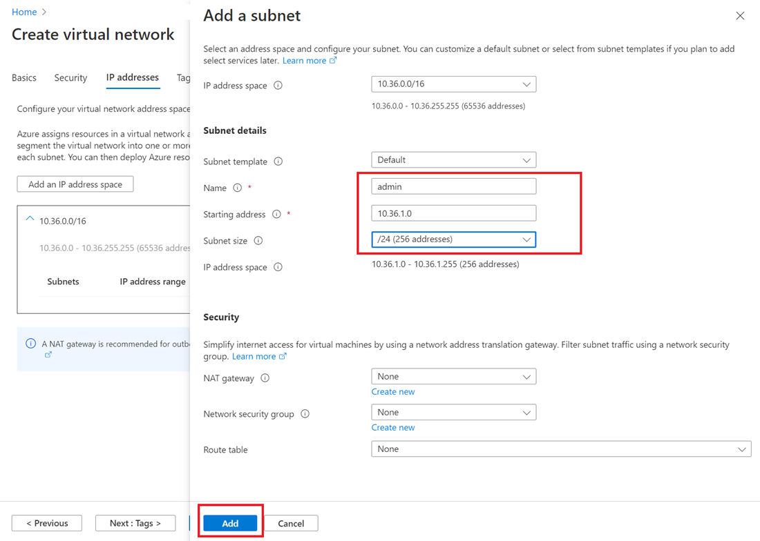 Captura de tela do portal do Azure que mostra as seleções usadas para adicionar uma sub-rede a uma rede virtual.