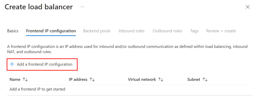 Captura de tela do portal do Azure que mostra o botão usado para adicionar uma configuração de IP de front-end.