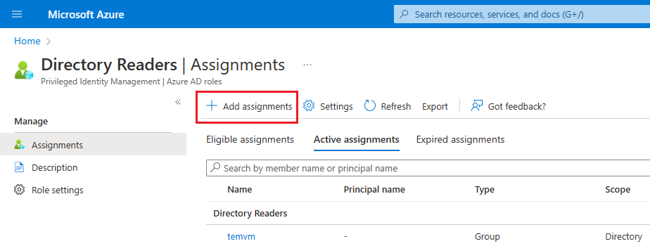 Captura de tela da página Leitores de Diretório do portal do Azure.