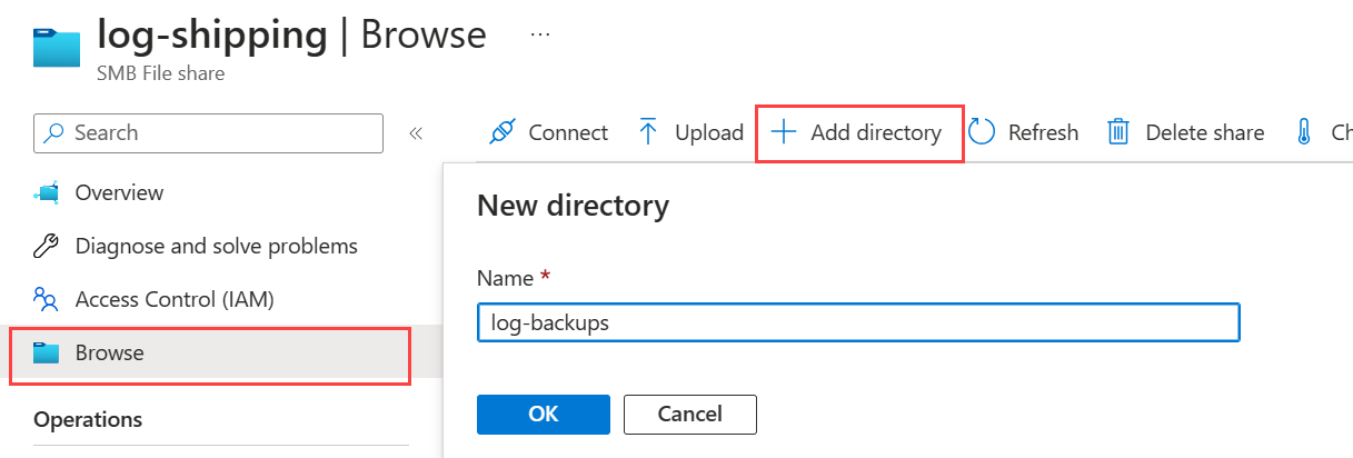 Screenshot of the add directory creation option in the Azure portal.