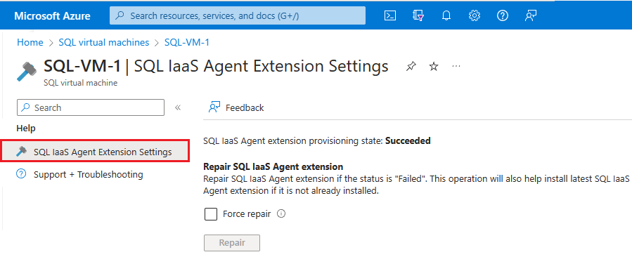 Captura de tela da página de configurações de extensão do Agente de IaaS do SQL da extensão de máquinas virtuais do SQL no portal do Azure mostrando onde reparar a extensão.