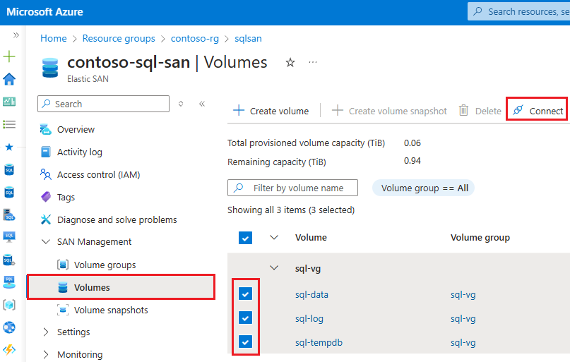 Captura de tela da página de volumes da SAN elástica no portal do Azure com a conexão selecionada.