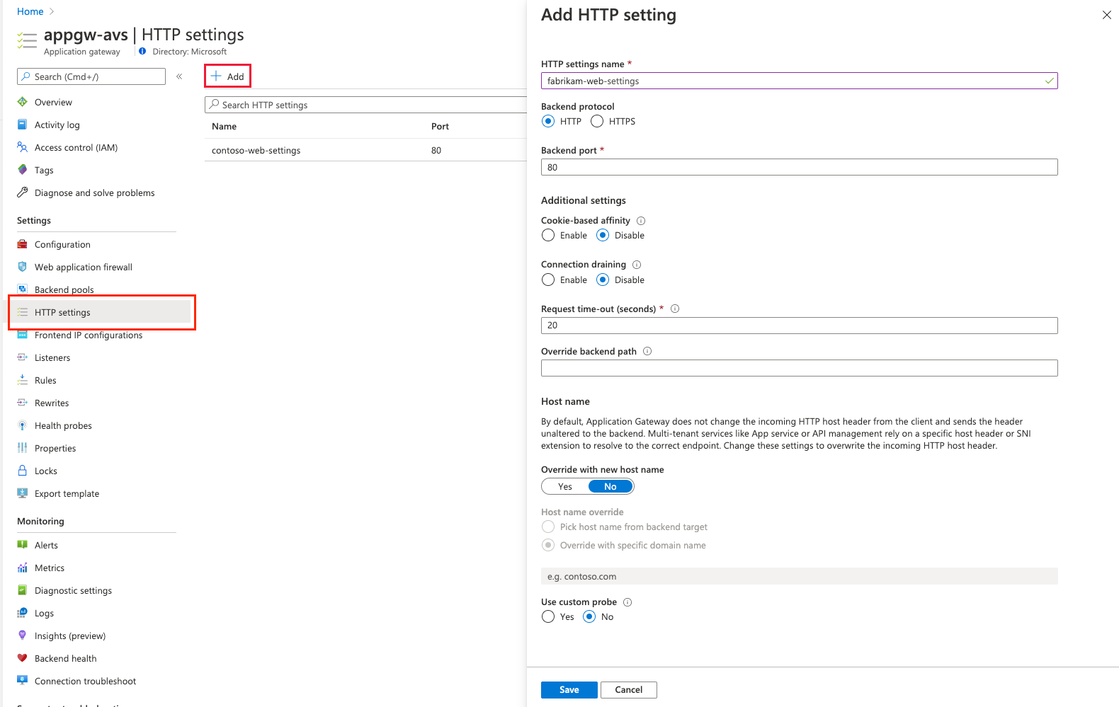 Screenshot of HTTP settings page to create a new HTTP setting.