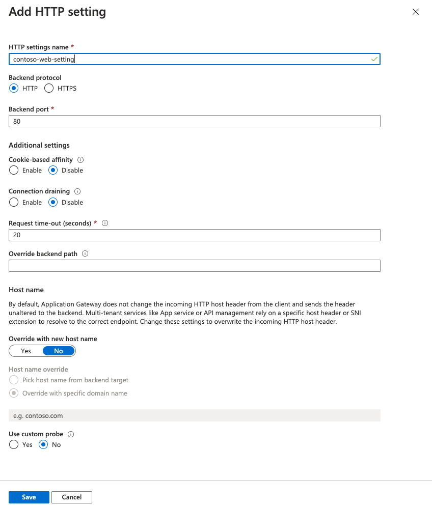 Screenshot of Add HTTP setting page showing HTTP settings configuration.