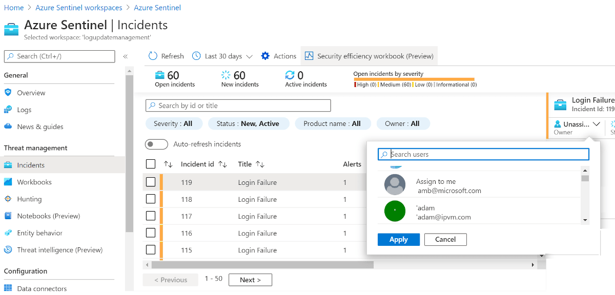 Captura de tela da página incidentes do Microsoft Sentinel com o incidente selecionado e a opção de atribuição desse incidente para solução.