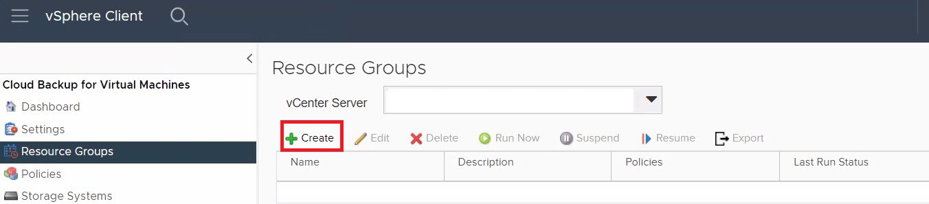 A captura de tela da interface do vSphere Client Resource Group mostra uma caixa vermelha destacando um botão com um sinal de mais verde que diz Criar, instruindo você a selecionar esse botão.
