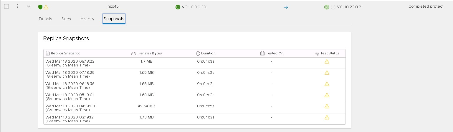 Captura de tela mostrando a lista de instantâneos de Máquinas Virtuais Protegidas.