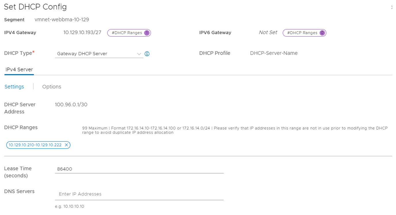 Screenshot showing how to add a subnet to the NSX-T Data Center Tier-1 Gateway for using a DHCP server.