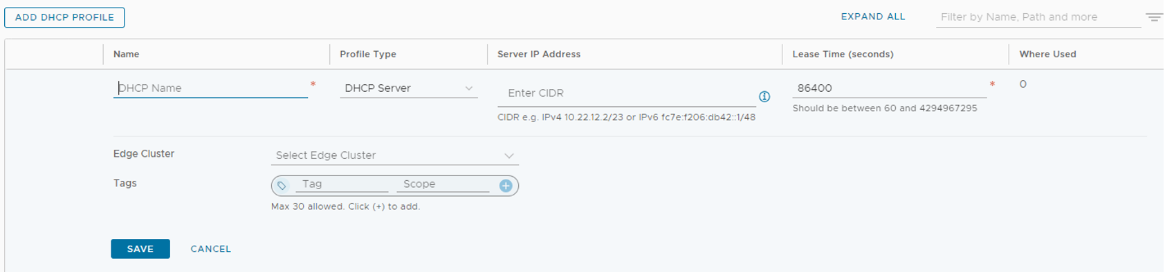 Captura de tela mostrando como adicionar um perfil DHCP no NSX Manager.