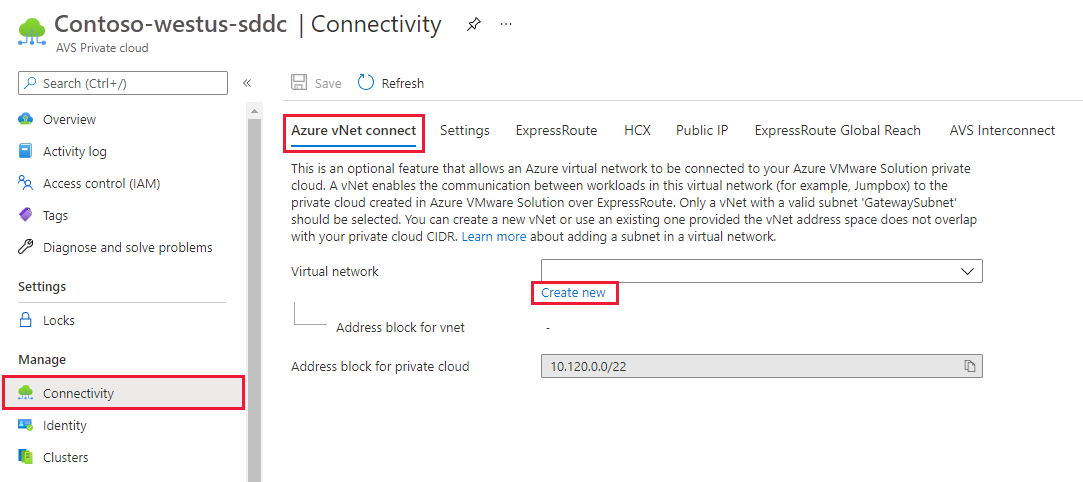 Captura de tela que mostra a guia conexão de VNet do Azure e o link para criar uma rede virtual.