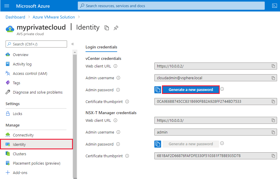 Captura de tela mostrando as credenciais do vCenter Server e uma maneira de copiá-las ou gerar uma nova senha.