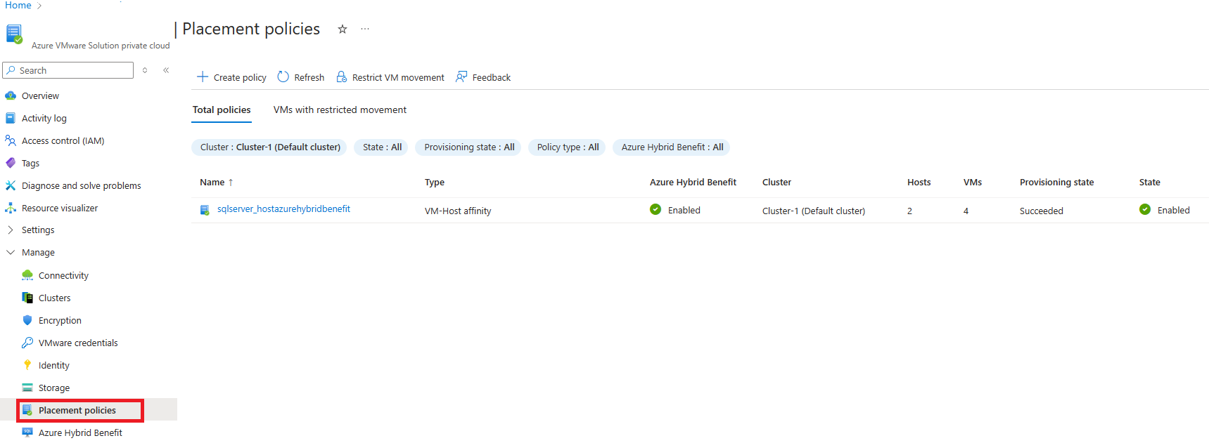 Captura de tela que mostra como configurar políticas de posicionamento de VM.