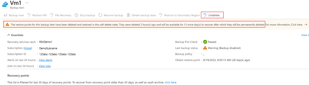 Captura de tela mostrando o item de backup excluído temporariamente que não mostra nenhum ponto de recuperação.