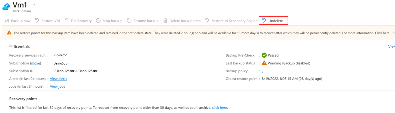 Captura de tela mostrando como começar a recuperar itens de backup do estado de exclusão temporária.