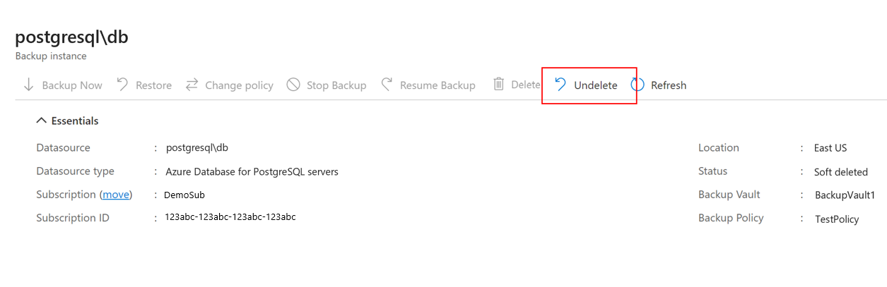 Captura de tela mostrando como começar a recuperar itens excluídos do cofre de backup do estado de exclusão temporária.