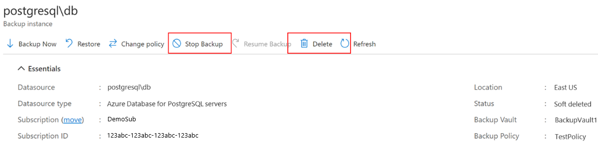 Captura de tela mostrando como iniciar o processo de parada de backup para itens de backup no cofre de Backup.