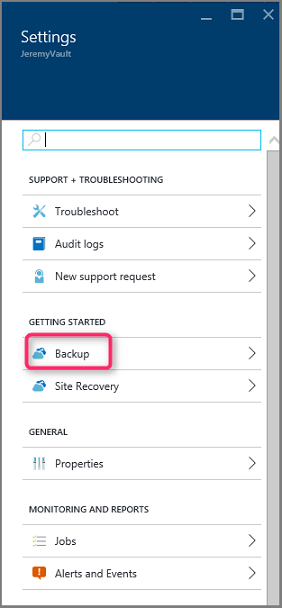 Captura de tela mostrando a opção de Backup selecionada no assistente de Introdução.