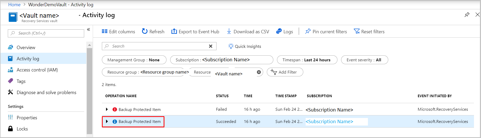 Como filtrar para localizar logs de atividades para backups de VM do Azure