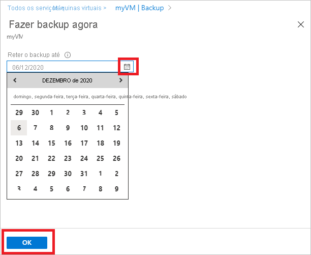 Captura de tela que mostra o dia de retenção de backup.