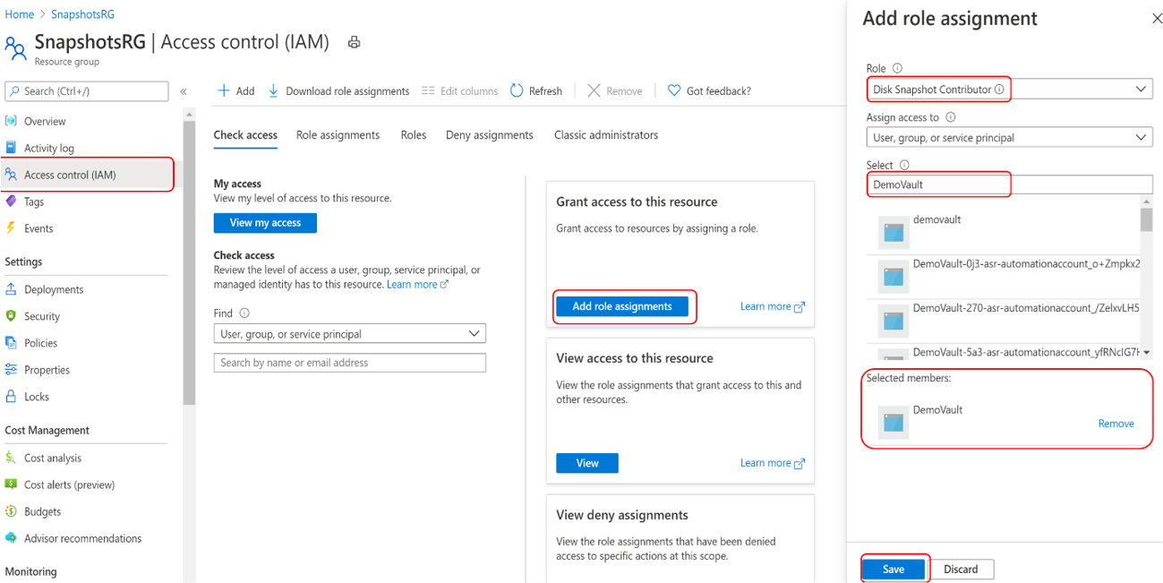 Captura de tela mostrando o processo para atribuir a função Colaborador de Instantâneo de Disco à identidade gerenciada do cofre de Backup no grupo de recursos.