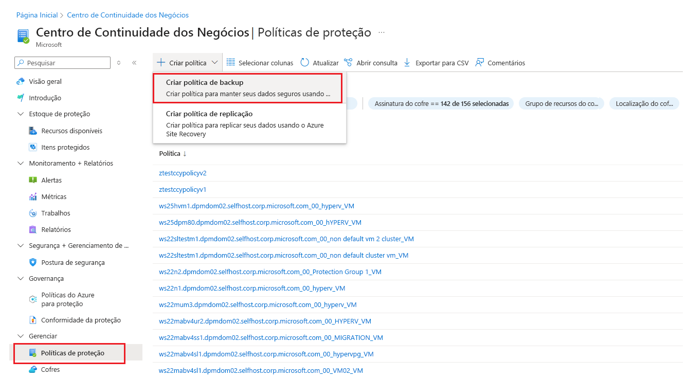 Captura de tela que mostra a opção de criar uma política de backup.