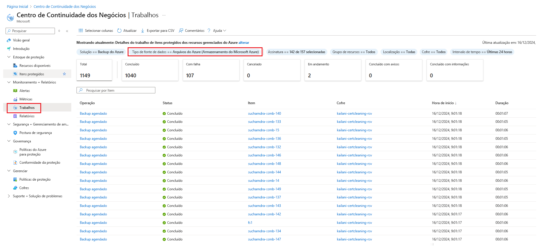 Captura de tela mostrando a lista de trabalhos.