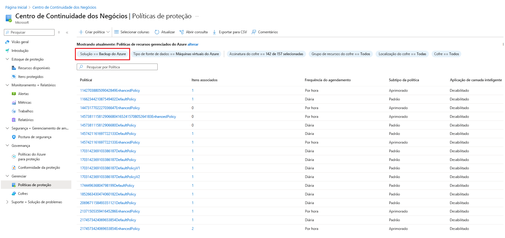 Captura de tela que mostra todas as políticas de backup.