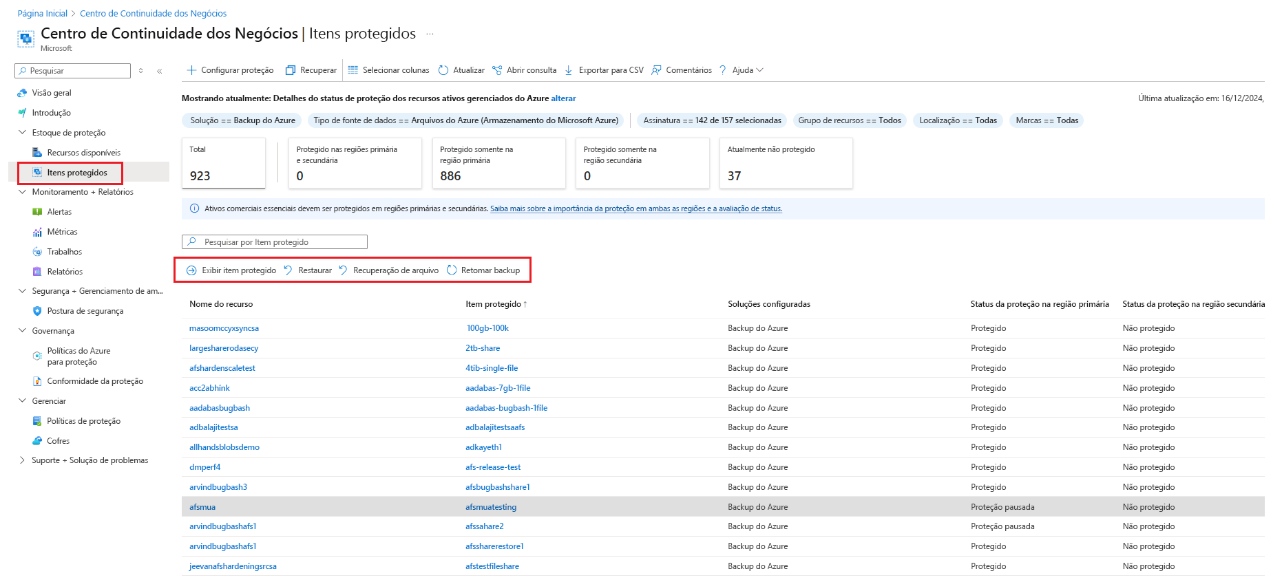 A captura de tela mostra a lista de ações disponíveis para o item retomar a proteção.