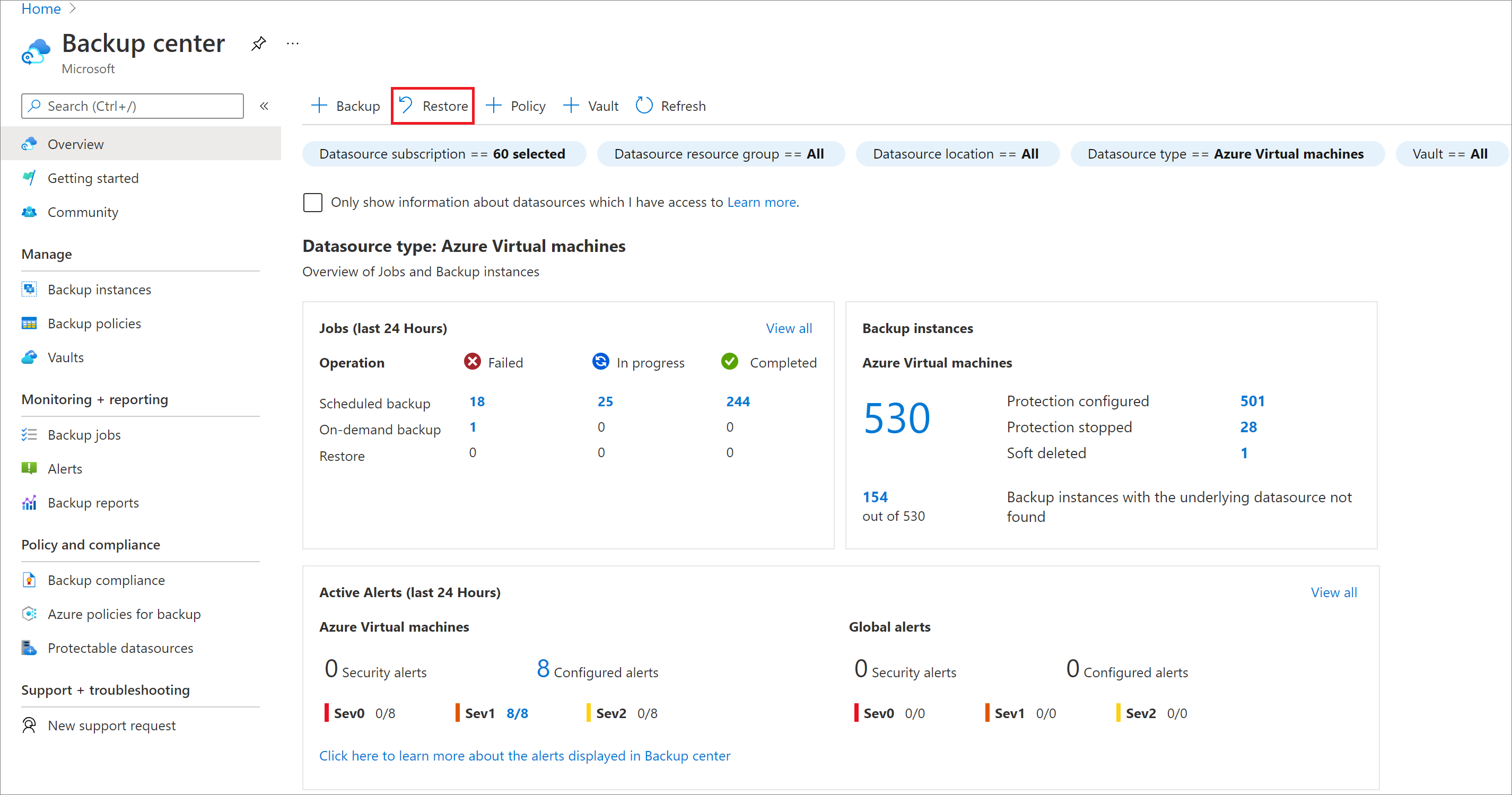 Captura de tela que mostra como iniciar o processo de restauração do compartilhamento de arquivo do Azure.