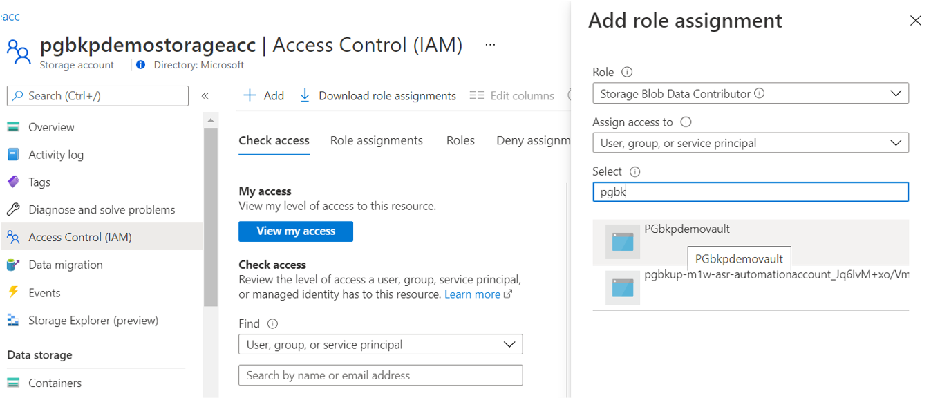 Screenshot showing the process to assign Backup vault M S I the permission to access the storage account containers using the Azure portal.