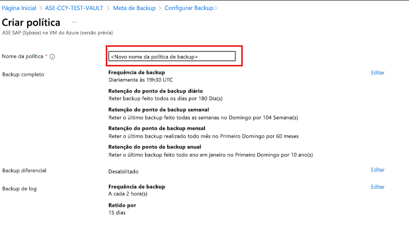 A captura de tela mostra como fornecer um nome para a nova política de backup.