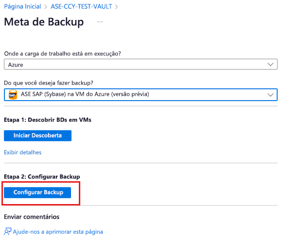 A captura de tela mostra como iniciar a configuração de backup.