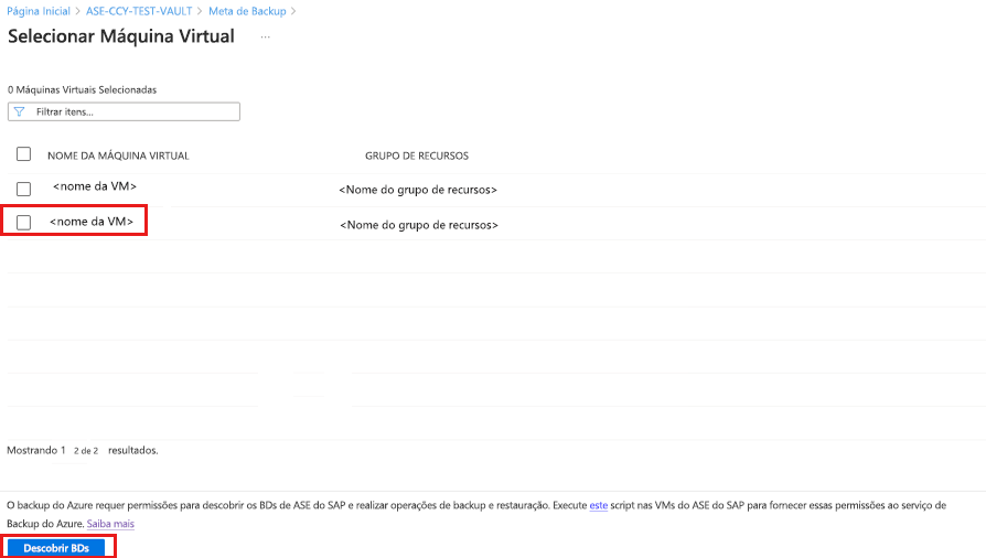 captura de tela mostra como selecionar um banco de dados para a configuração de backup na lista descoberta.
