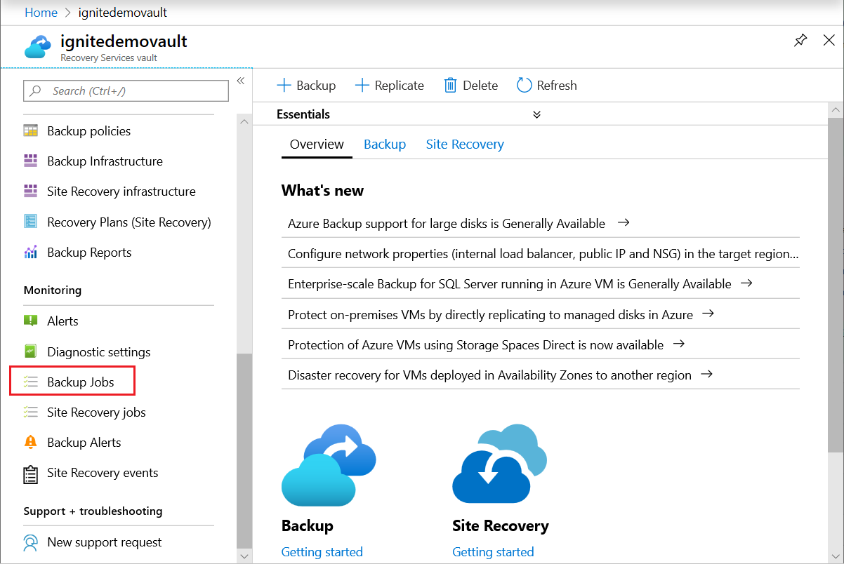 Captura de tela mostrando trabalhos disparados manualmente na seção Trabalhos de backup no portal do Azure.