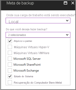 Captura de tela que mostra o menu Meta de Backup.