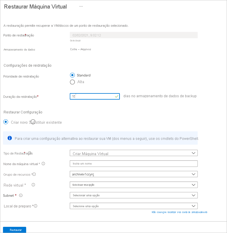 Captura de tela que mostra o processo para restaurar pontos de recuperação no portal.