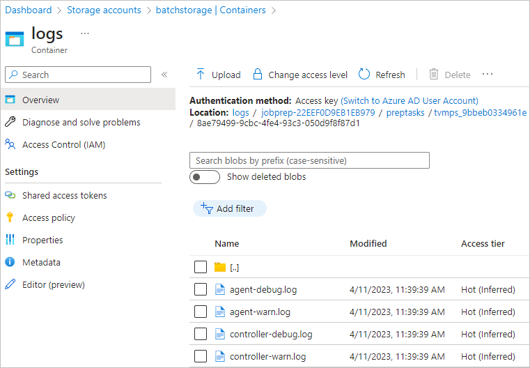 Captura de tela dos logs de tarefas em um contêiner de armazenamento.