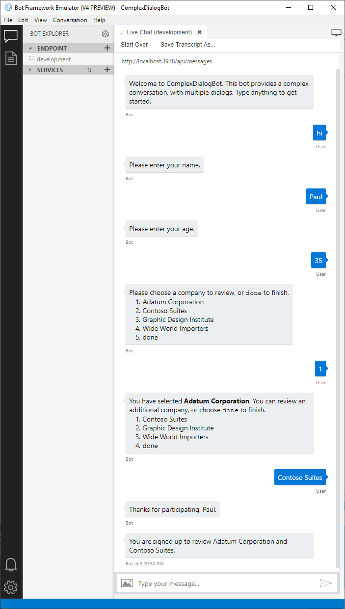 Exemplo de transcrição de uma conversa com o bot de diálogo complexo.