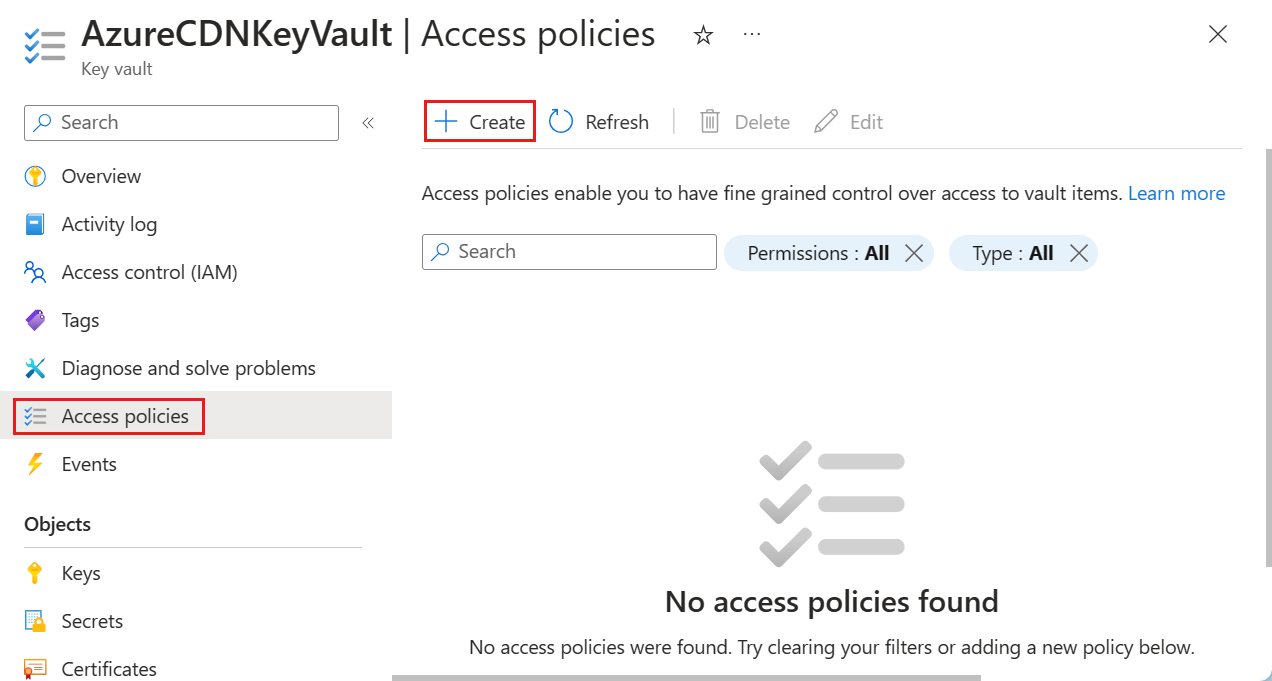 Captura de tela da página de políticas de acesso para um cofre de chaves.