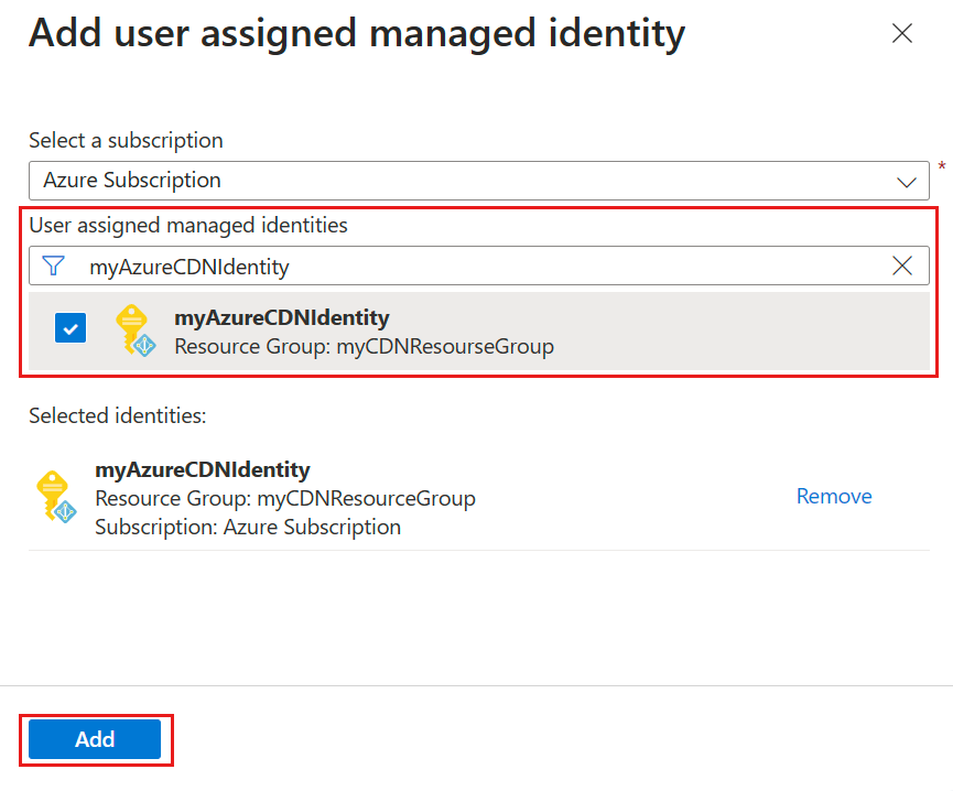 Captura de tela da página adicionar uma identidade gerenciada atribuída pelo usuário.