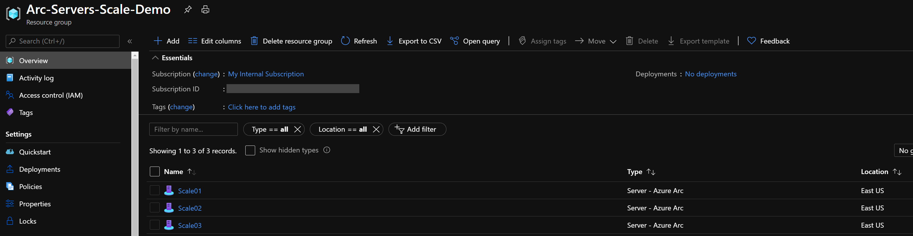 A screenshot of new Azure Arc-enabled servers in an Azure resource group.